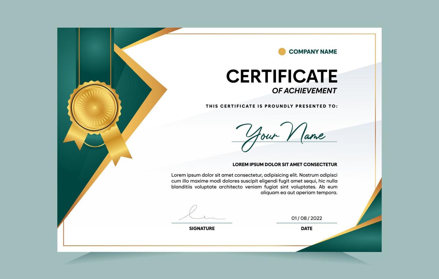 modello di certificato di conseguimento verde e oro con badge e bordo dorati. per esigenze di premi, affari e istruzione. illustrazione vettoriale