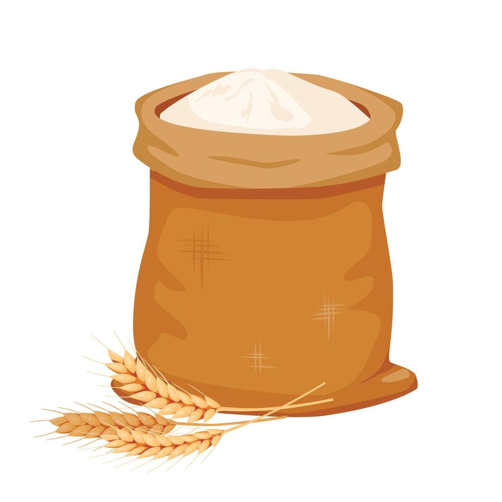 sacco pieno di farina con spighe di grano. illustrazione vettoriale isolato su sfondo bianco.