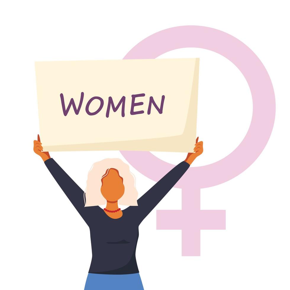 illustrazione vettoriale di donna che tiene segni o cartello su una dimostrazione di protesta o un picchetto. donna contro la violenza, l'inquinamento, la discriminazione, la violazione dei diritti umani.