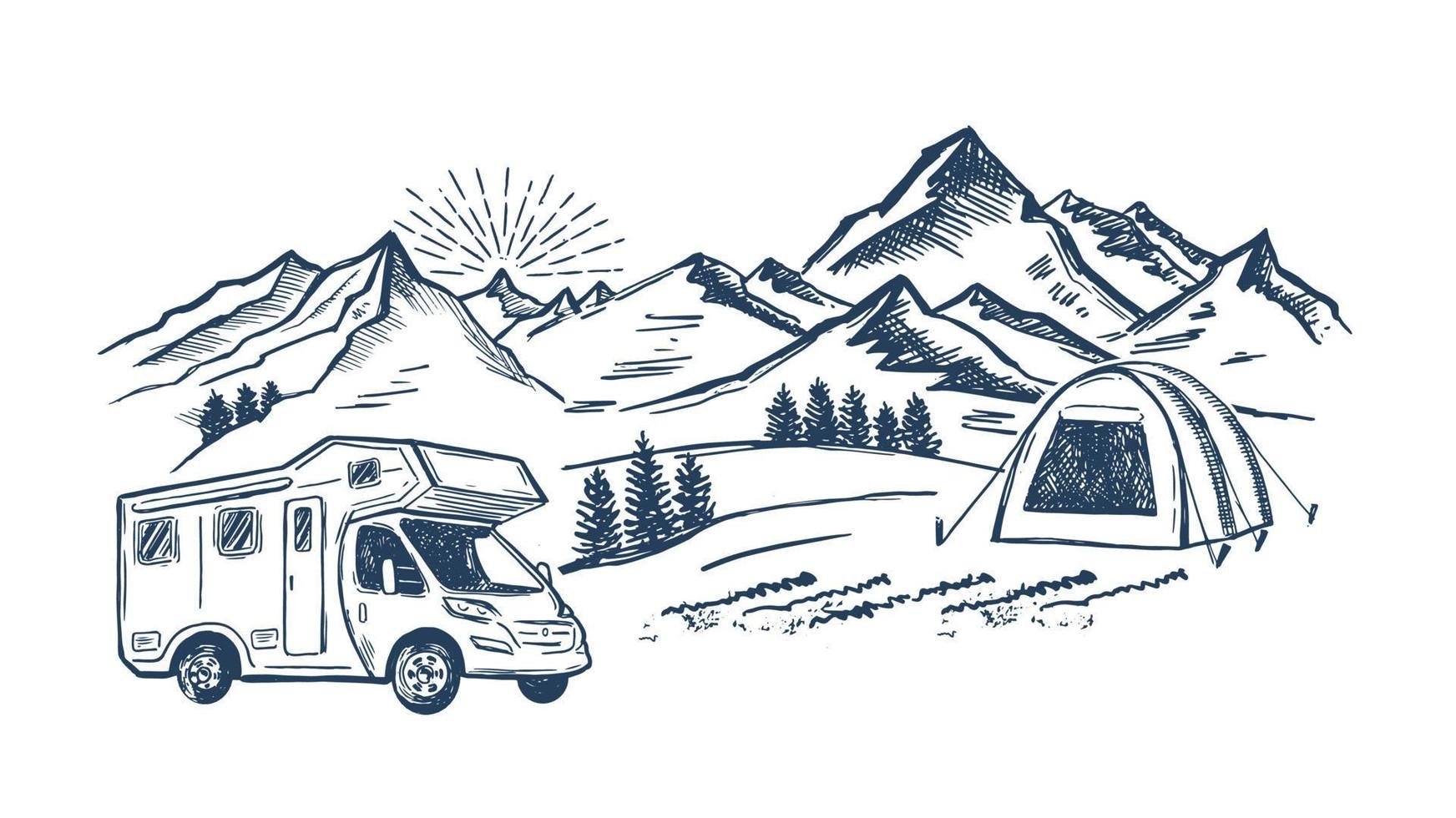campeggio nella natura, camper, paesaggio di montagna, stile disegnato a mano, illustrazioni vettoriali. vettore