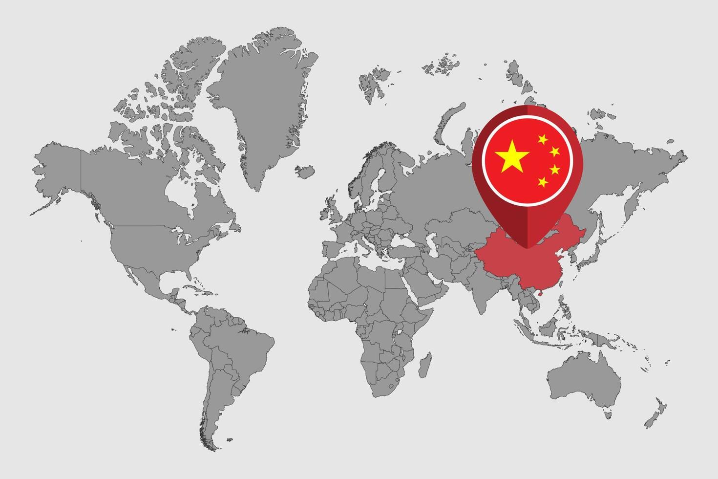 mappa pin con bandiera cinese sulla mappa del mondo.illustrazione vettoriale. vettore