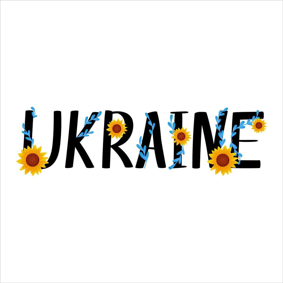 parola ucraina con fiori di fiordalisi e girasoli in stile cartone animato, stare con l'ucraina, fermare la guerra, pregare per la pace vettore