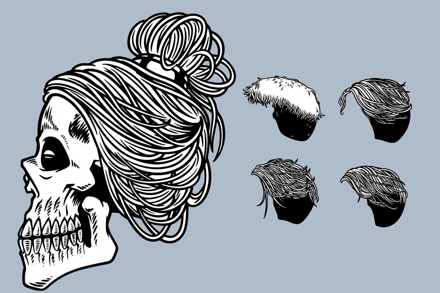 teschio disegnato a mano con varie illustrazioni vettoriali per capelli in stile monocromatico