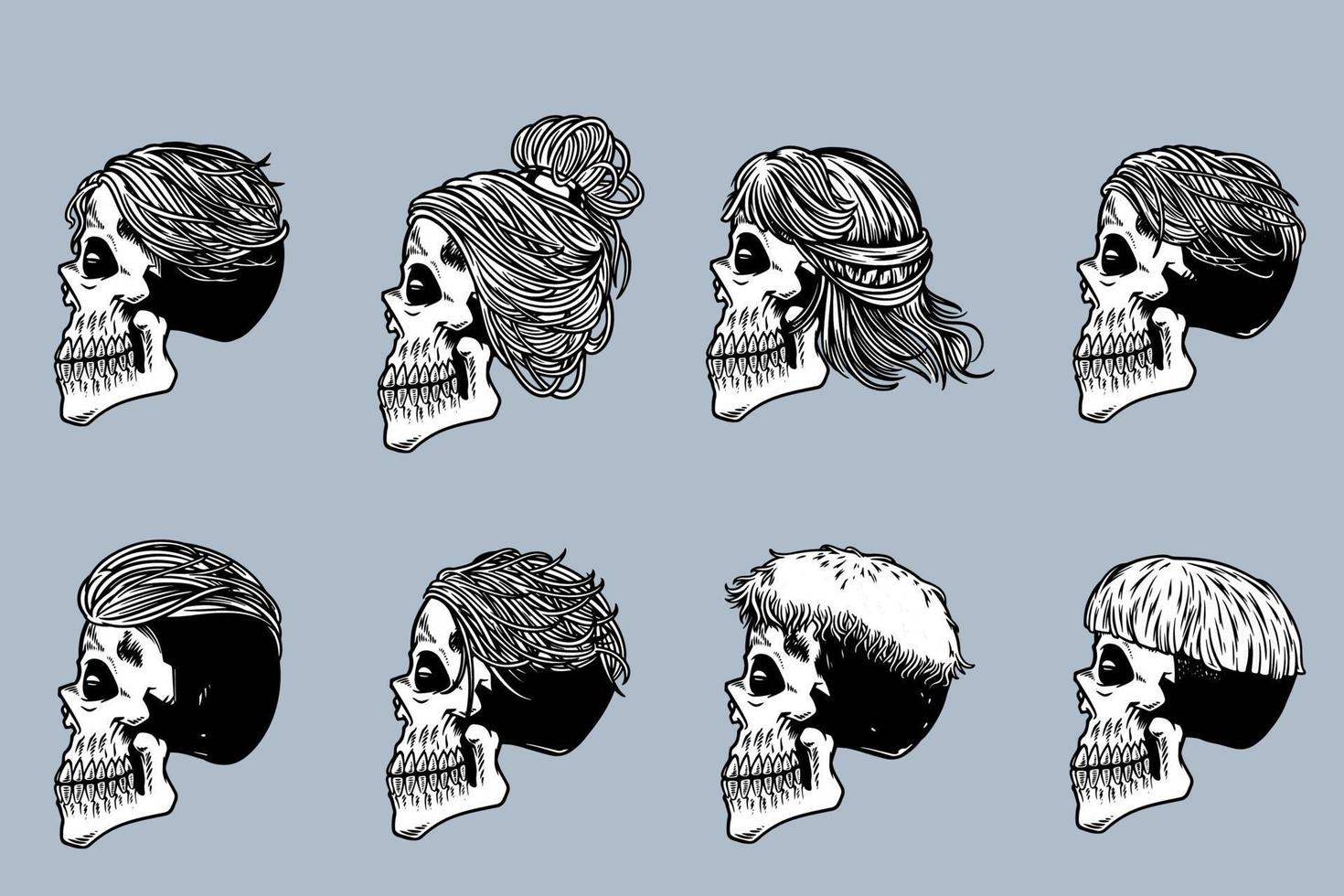 testa di teschio con varie illustrazioni di capelli in stile monocromatico vettore