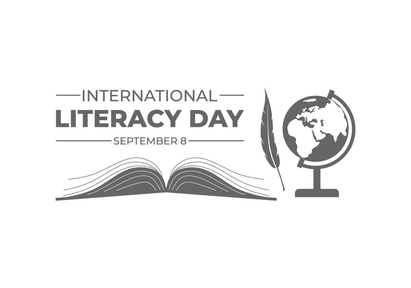 poster della giornata internazionale dell'alfabetizzazione con piuma, libro aperto e globo vettore