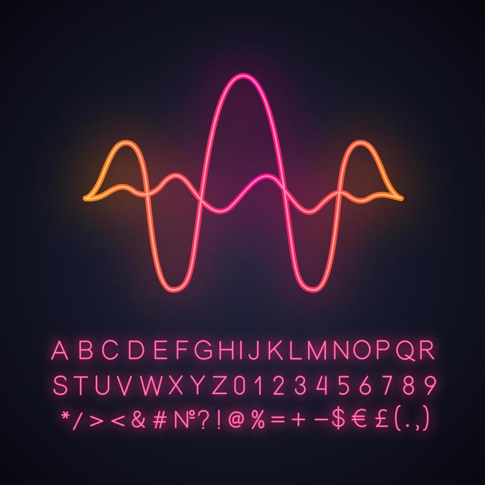 curve sovrapposte, icona della luce al neon delle onde. vibrazione, livello di ampiezza del rumore. frequenza musicale. audio, onde sonore digitali. segno luminoso con alfabeto, numeri e simboli. illustrazione vettoriale isolato