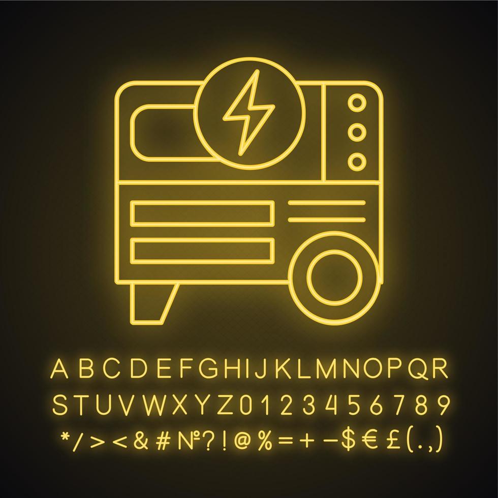 icona della luce al neon del generatore di corrente portatile. generatore elettrico domestico. segno luminoso con alfabeto, numeri e simboli. illustrazione vettoriale isolato