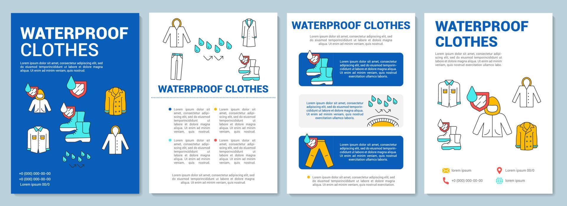 vestiti impermeabili, layout del modello di brochure di calzature. volantino, opuscolo, design di stampa di volantini con illustrazioni lineari. layout di pagina vettoriali per riviste, relazioni annuali, manifesti pubblicitari