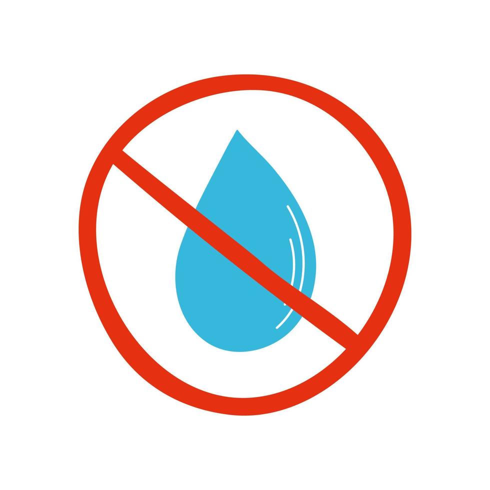 clipart elemento acqua in stile linea piatta. illustrazione vettoriale disegnata a mano di goccia d'acqua nel segno incrociato rosso vietato. toppa carina alla moda, distintivo, emblema. risparmiare acqua, ecologia e concetto di ambiente.