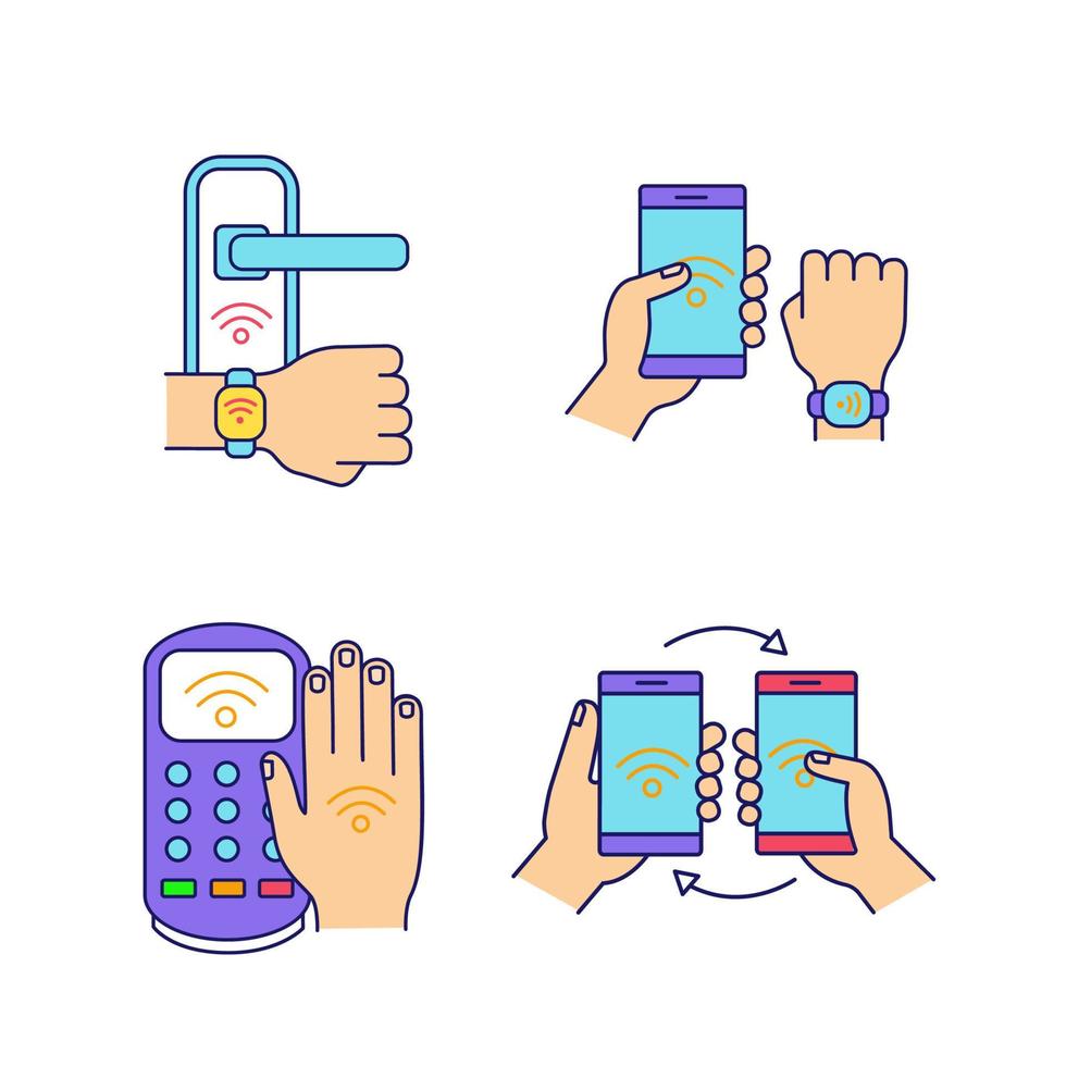 set di icone a colori della tecnologia NFC. vicino a serratura, braccialetto, terminale di pagamento, trasferimento dati. illustrazioni vettoriali isolate