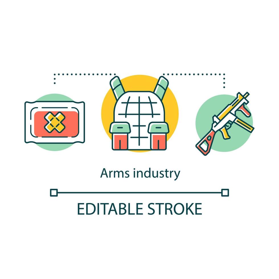 icona del concetto di industria delle armi. settore della difesa. equipaggiamento e armi per l'esercito. tecnologia militare. illustrazione di linea sottile di idea di addestramento del soldato. disegno di contorno isolato vettoriale. tratto modificabile vettore