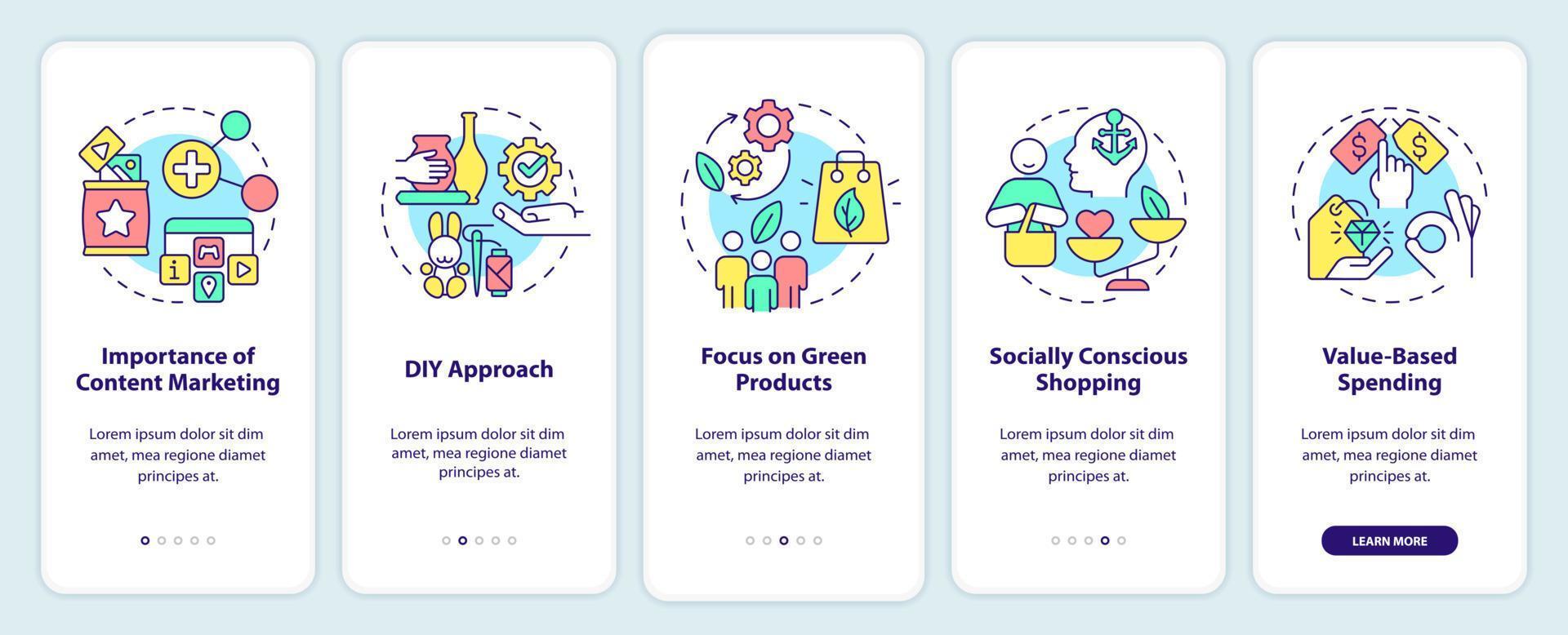 tendenze comportamentali dei clienti durante l'onboarding dello schermo dell'app mobile. procedura dettagliata 5 passaggi pagine di istruzioni grafiche con concetti lineari. ui, ux, modello gui. vettore