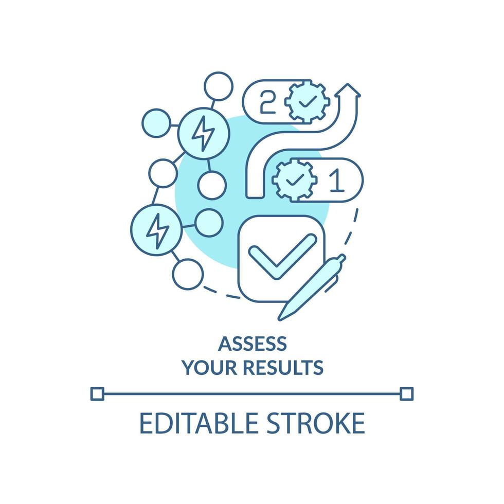 valutare i risultati icona del concetto turchese. pianificazione della gestione dell'energia astratta idea linea sottile illustrazione. processi di business. disegno di contorno isolato. tratto modificabile. vettore