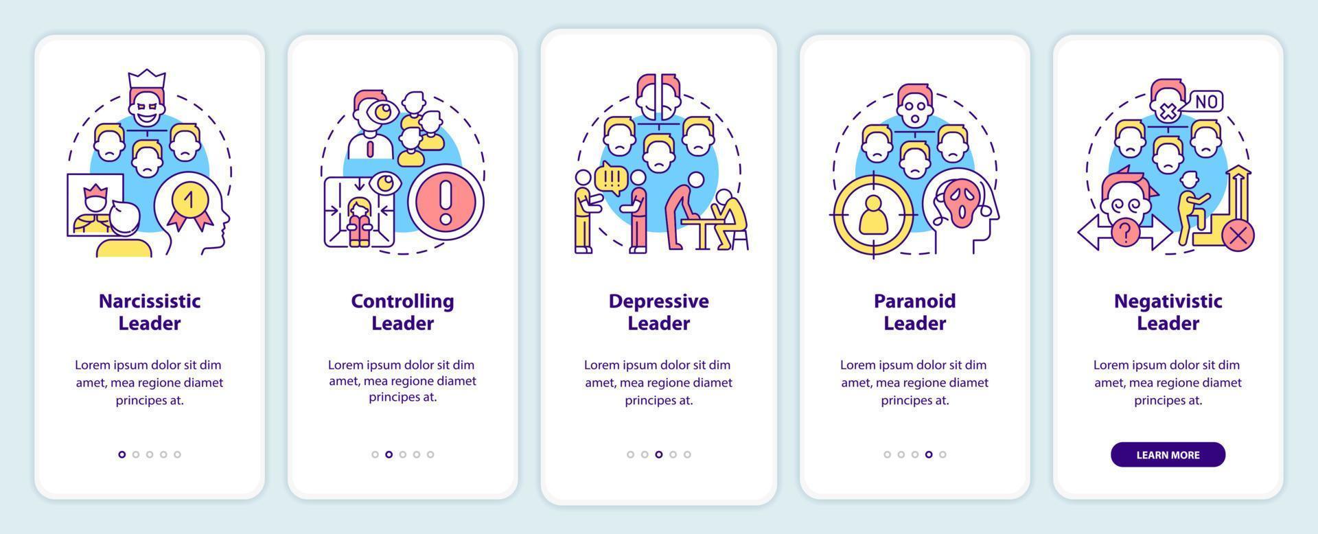 tipi di leader tossici durante l'onboarding della schermata dell'app mobile. capo abusivo. procedura dettagliata 5 passaggi pagine di istruzioni grafiche con concetti lineari. ui, ux, modello gui. vettore