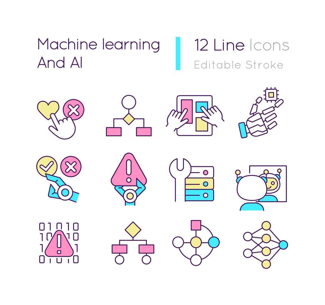 set di icone a colori per apprendimento automatico e ai rgb. intelligenza artificiale. raccolta ed elaborazione dati. illustrazioni vettoriali isolate. semplice raccolta di disegni al tratto riempiti. tratto modificabile