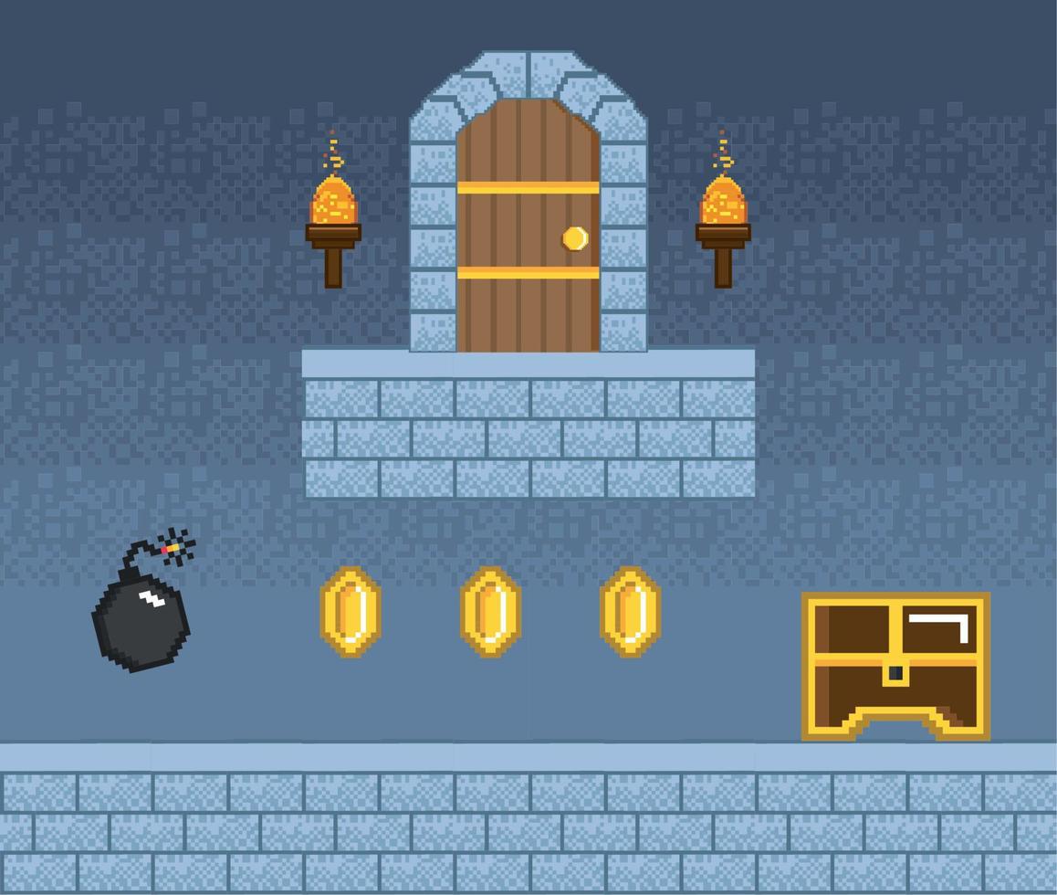 scena del videogioco pixel art vettore
