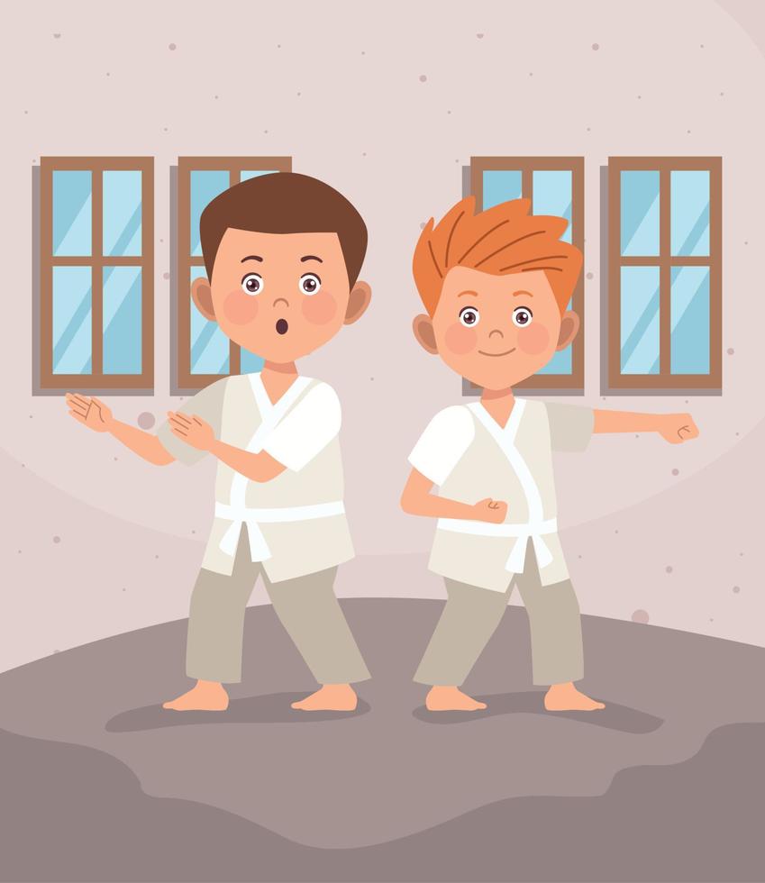 coppia di ragazzi che praticano karate indoor vettore
