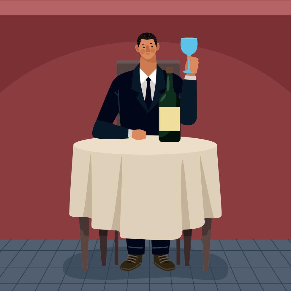 uomo elegante che beve vino nel ristorante vettore