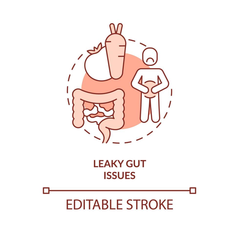 l'intestino permeabile emette l'icona rossa del concetto. problema di gonfiore e crampi. illustrazione della linea sottile dell'idea astratta di effetto collaterale. disegno di contorno isolato. tratto modificabile. vettore