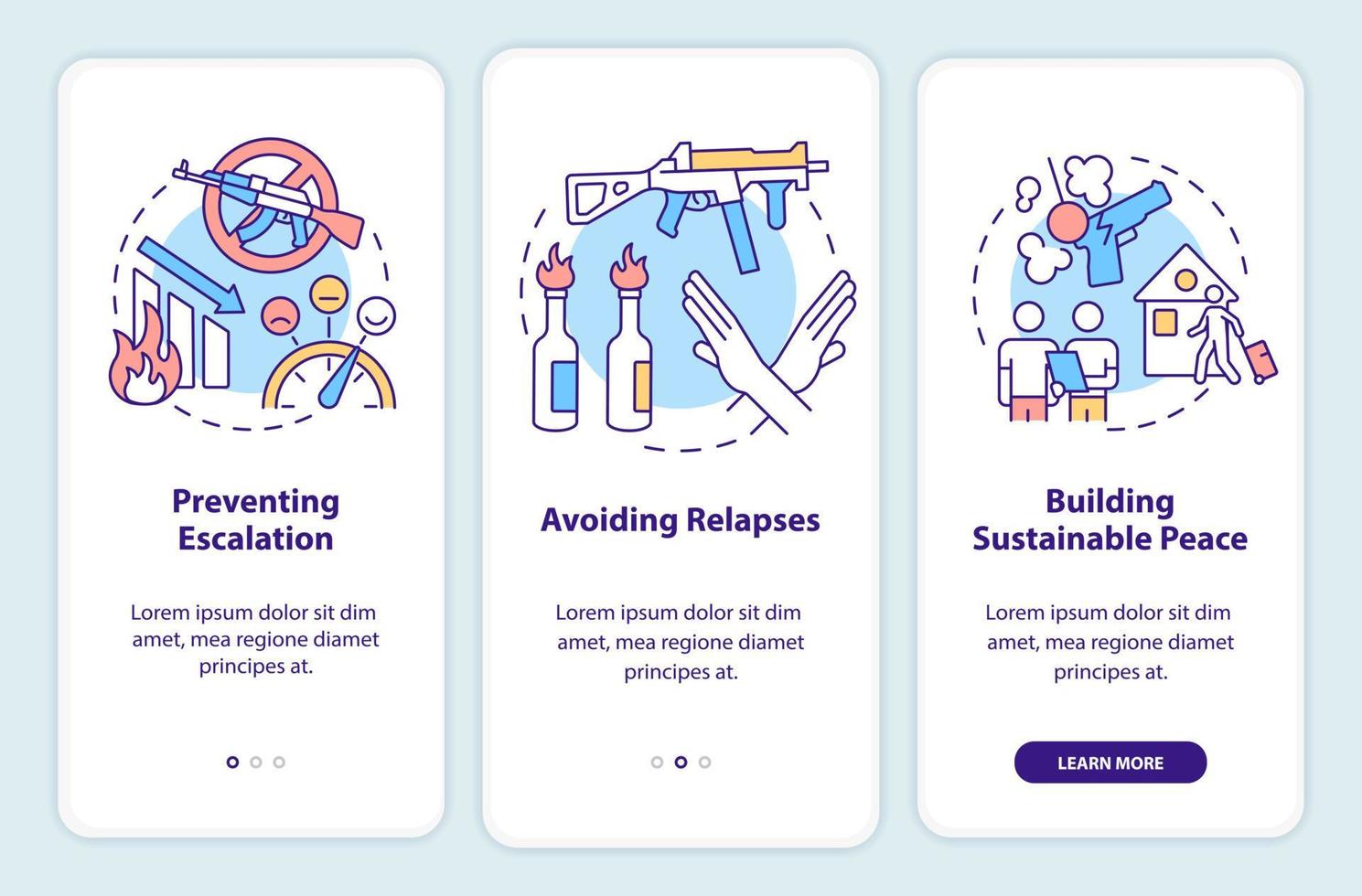 schermata dell'app mobile onboarding della ricostruzione post-conflitto. evitare ricadute procedura dettagliata 3 passaggi pagine di istruzioni grafiche con concetti lineari. ui, ux, modello gui. vettore