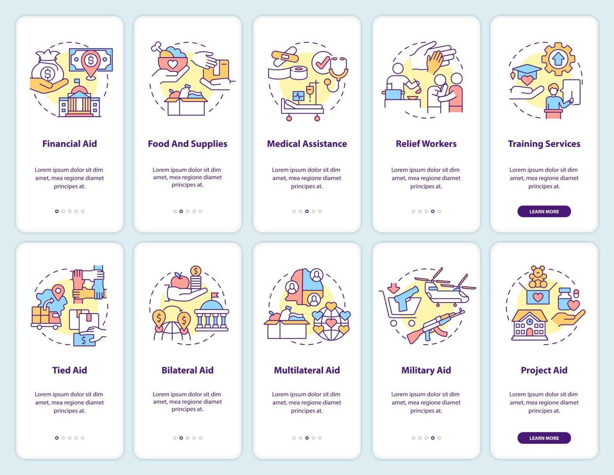 set di schermate dell'app mobile per l'onboarding degli aiuti internazionali. assistenza finanziaria procedura dettagliata 5 passaggi pagine di istruzioni grafiche con concetti lineari. ui, ux, modello gui. vettore