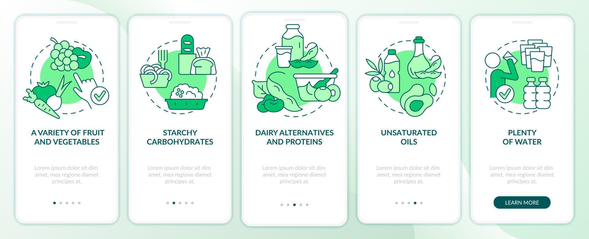 Suggerimenti per lo stile di vita vegano verde per l'onboarding dello schermo dell'app mobile. procedura dettagliata 5 passaggi pagine di istruzioni grafiche con concetti lineari. ui, ux, modello gui. vettore