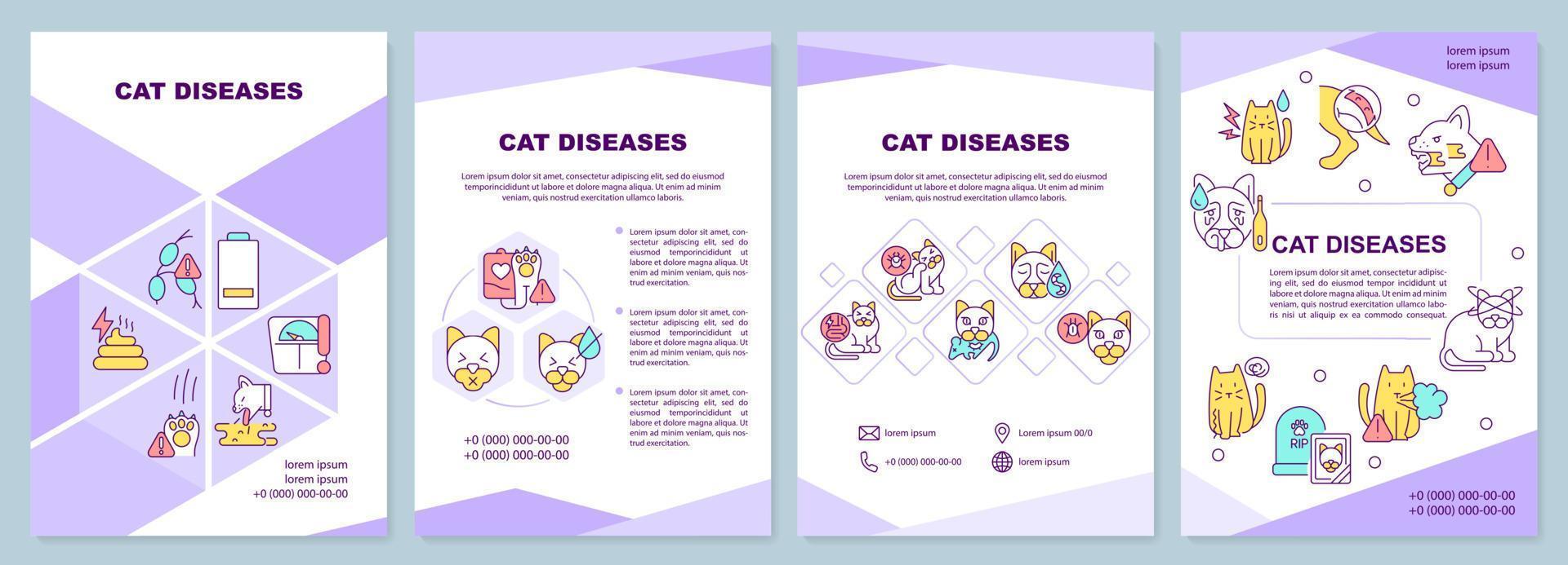 modello di brochure viola malattie del gatto. sintomi e trattamento. design volantino con icone lineari. 4 layout vettoriali per la presentazione, relazioni annuali