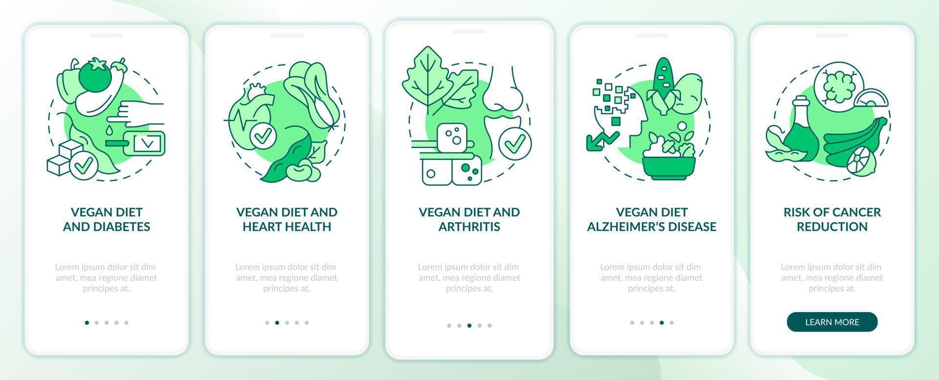 dieta vegana e malattie schermo verde dell'app mobile di onboarding. procedura dettagliata 5 passaggi pagine di istruzioni grafiche con concetti lineari. ui, ux, modello gui. vettore