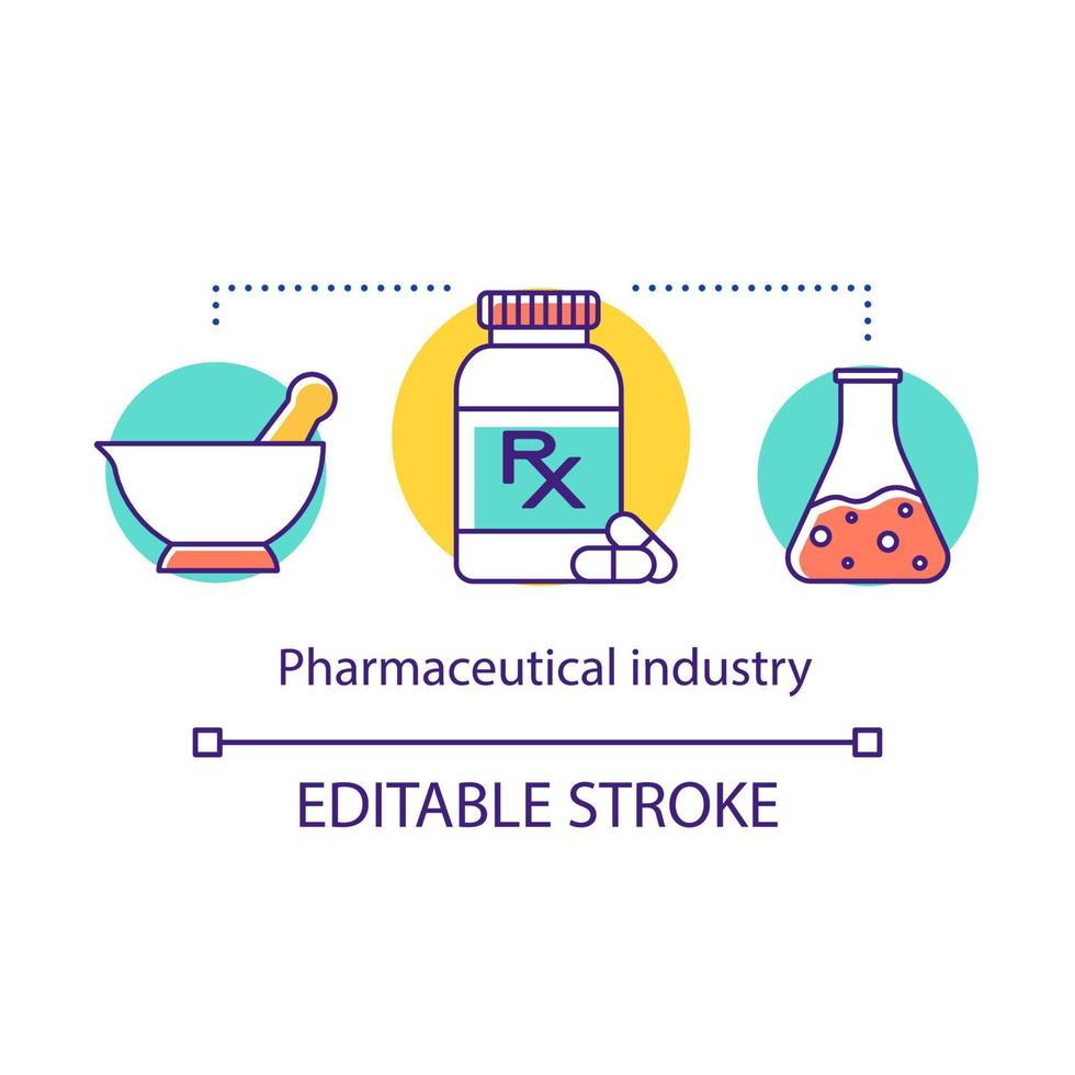 icona del concetto di industria farmaceutica. medicina scoprire, produzione. formulazione del farmaco. pestello e mortaio, pallone, compresse idea illustrazione linea sottile. disegno di contorno isolato vettoriale. tratto modificabile vettore