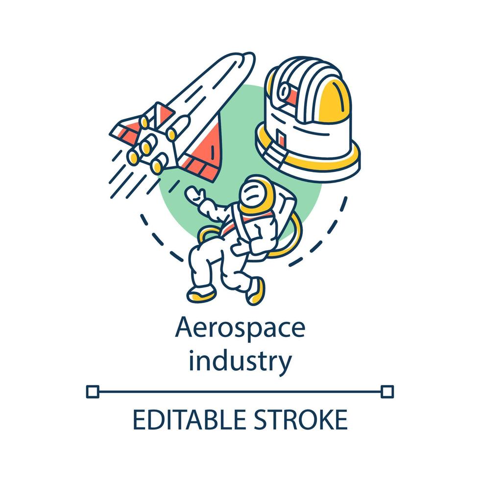 icona del concetto di industria aerospaziale. esplorazione dello spazio. astronave, cosmonauta, osservatorio. esplorazione del cosmo. illustrazione della linea sottile di idea di astronautica. disegno vettoriale isolato profilo. tratto modificabile