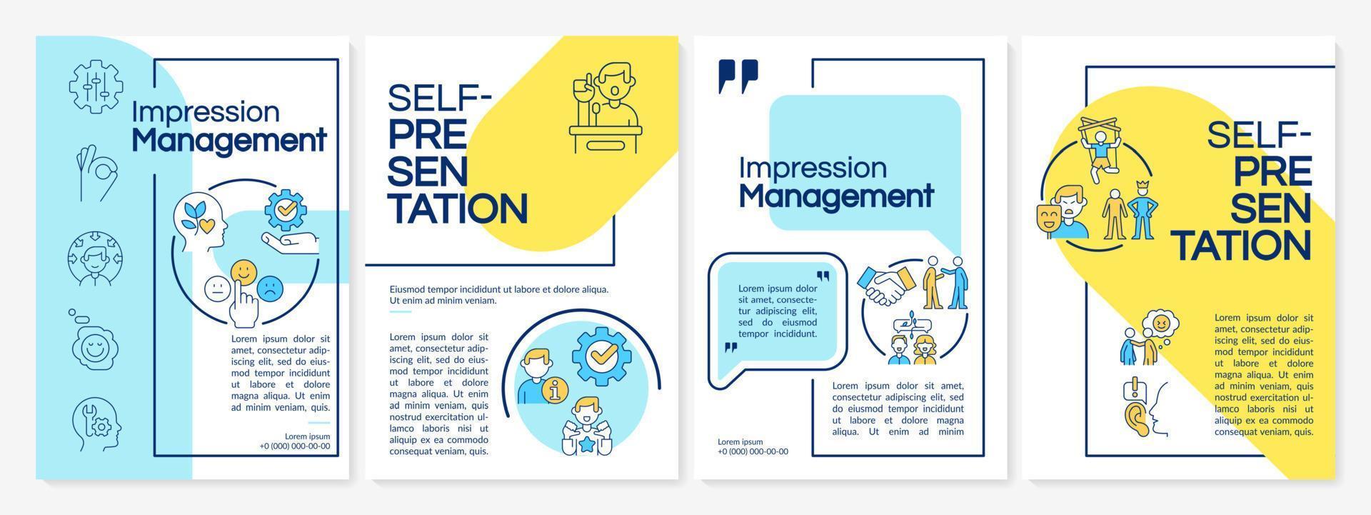 modello di brochure blu e giallo delle tecniche di gestione delle impressioni. design volantino con icone lineari. 4 layout vettoriali per la presentazione, relazioni annuali.
