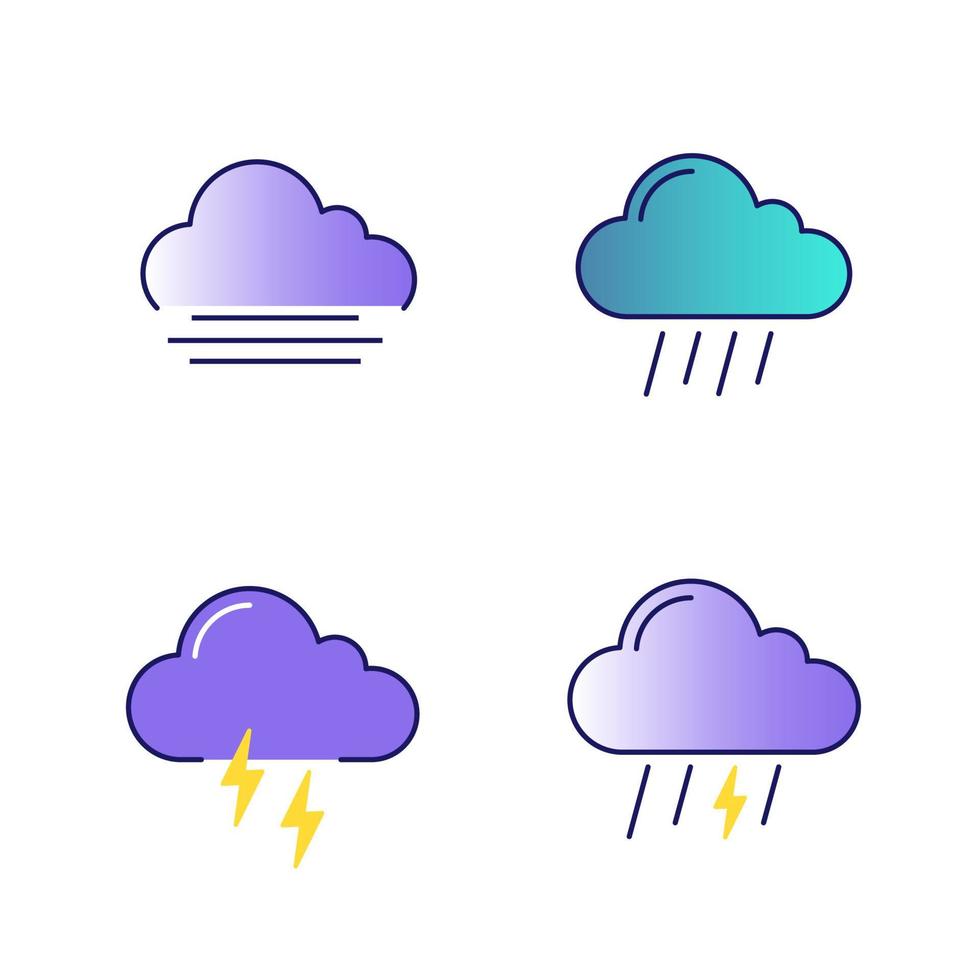 set di icone a colori per le previsioni del tempo. autunno. nebbia, tempo piovoso, tuoni, temporali. illustrazioni vettoriali isolate