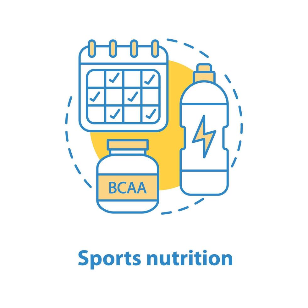 icona del concetto di nutrizione sportiva. supplemento bcaa, orario, bottiglia d'acqua. illustrazione di linea sottile di idea sportiva professionale. disegno di contorno isolato vettoriale