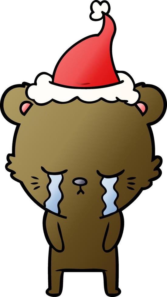 cartone animato sfumato piangente di un orso che indossa il cappello di Babbo Natale vettore