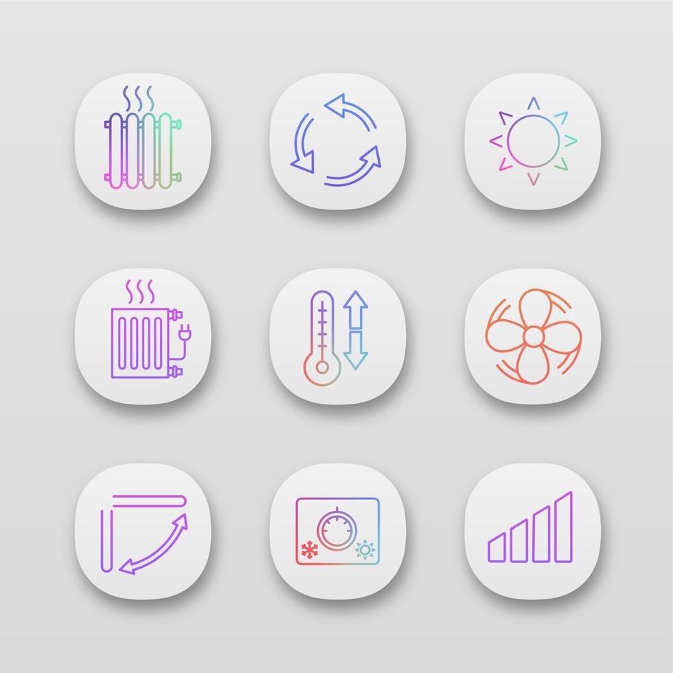 set di icone dell'app per l'aria condizionata. radiatori, ventilazione, sole, climatizzatore, aspiratore, feritoia, termostato, livello. interfaccia utente ui ux. applicazioni web o mobili. illustrazioni vettoriali isolate
