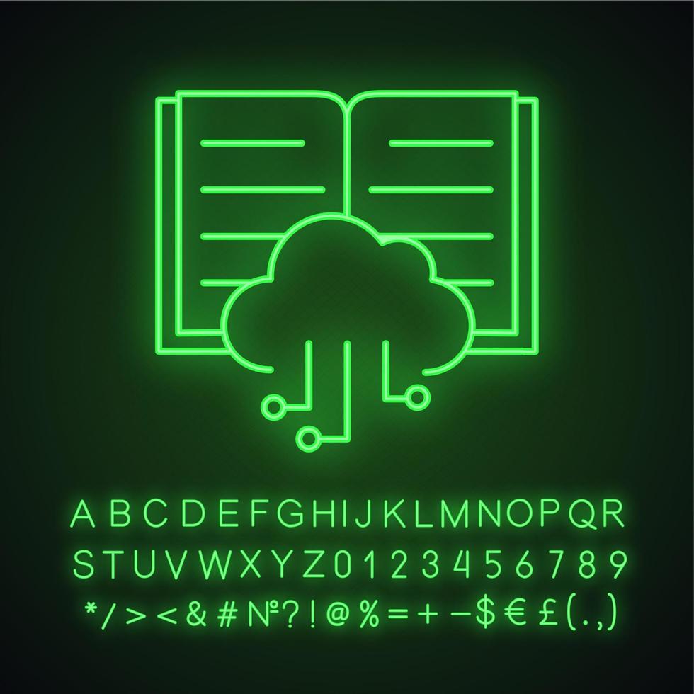 icona della luce al neon dei big data. cloud computing. apprendimento automatico. estrazione dei dati. segno luminoso con alfabeto, numeri e simboli. illustrazione vettoriale isolato