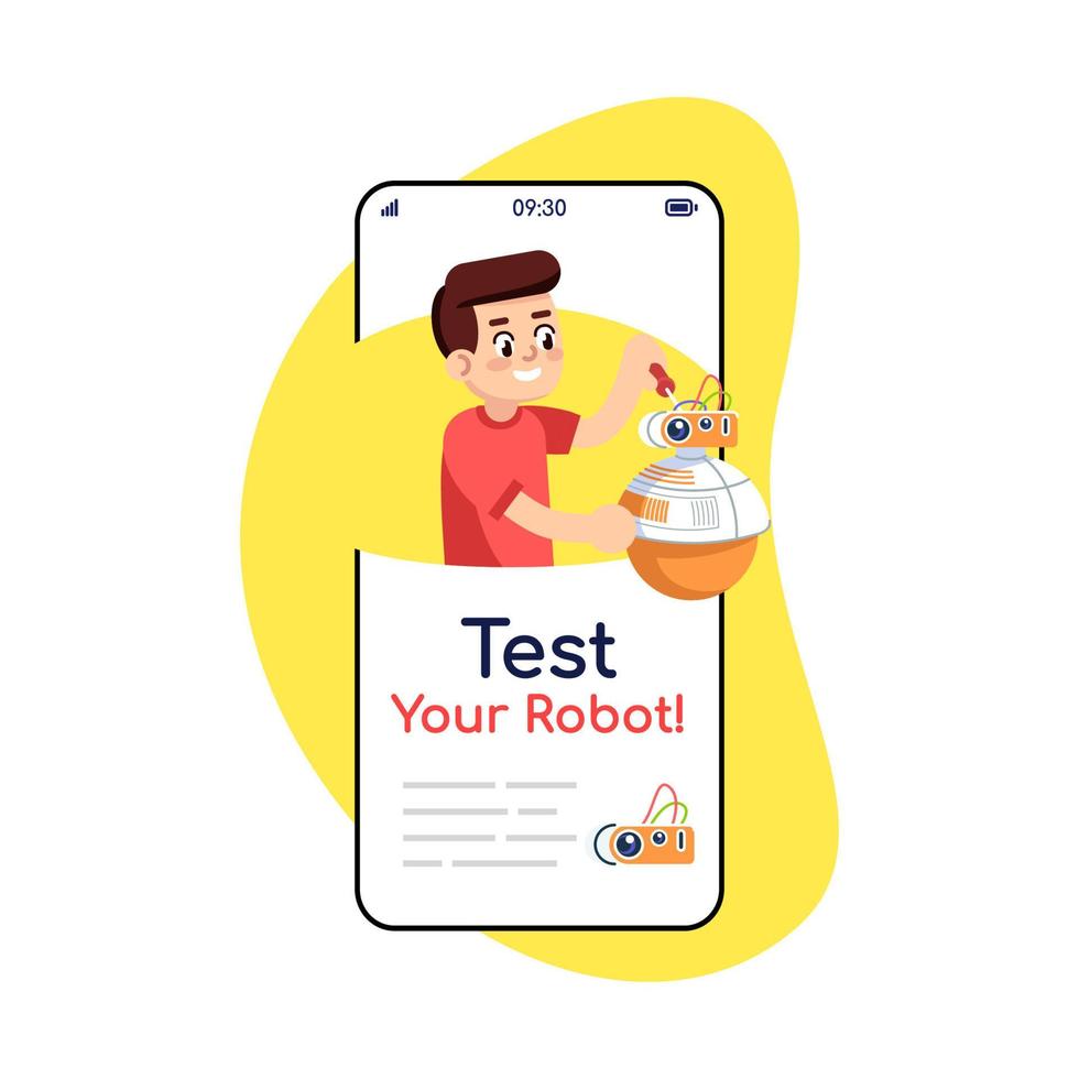 prova il tuo robot sui social media pubblica lo schermo dell'app per smartphone. display per telefoni cellulari con mockup di design di personaggi dei cartoni animati. costruzione elettronica istruzione di montaggio applicazione interfaccia telefonica vettore