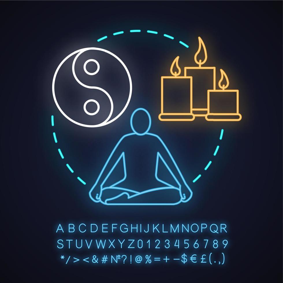 icona del concetto di luce al neon di yoga. idea di meditazione. persona nella posizione del loto. benessere. segno luminoso con alfabeto, numeri e simboli. illustrazione vettoriale isolato