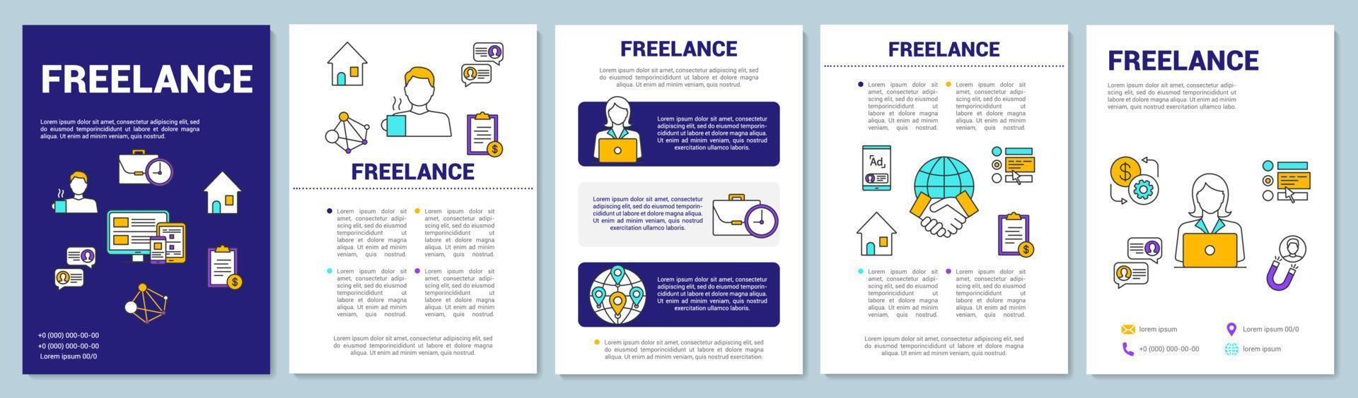 layout del modello di brochure di lavoro freelance. lavoro a distanza, ufficio a casa. volantino, opuscolo, design di stampa di volantini con illustrazioni lineari. layout di pagina vettoriali per riviste, report, poster