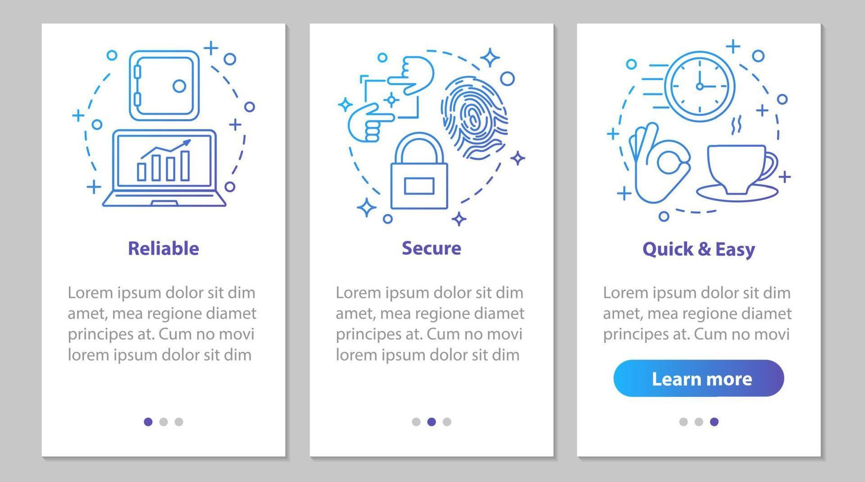servizi digitali onboarding schermata della pagina dell'app mobile con concetti lineari. software aziendale. sicurezza, avvio rapido e semplice, istruzioni affidabili sui passaggi di servizio. ux, ui, illustrazioni vettoriali gui