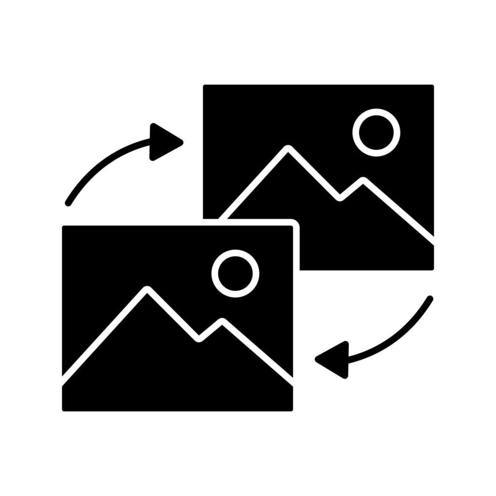 icona del glifo di trasformazione dei dati. simbolo della sagoma. ricaricare le immagini. modifica del tipo di immagine. conversione dei dati. spazio negativo. illustrazione vettoriale isolato