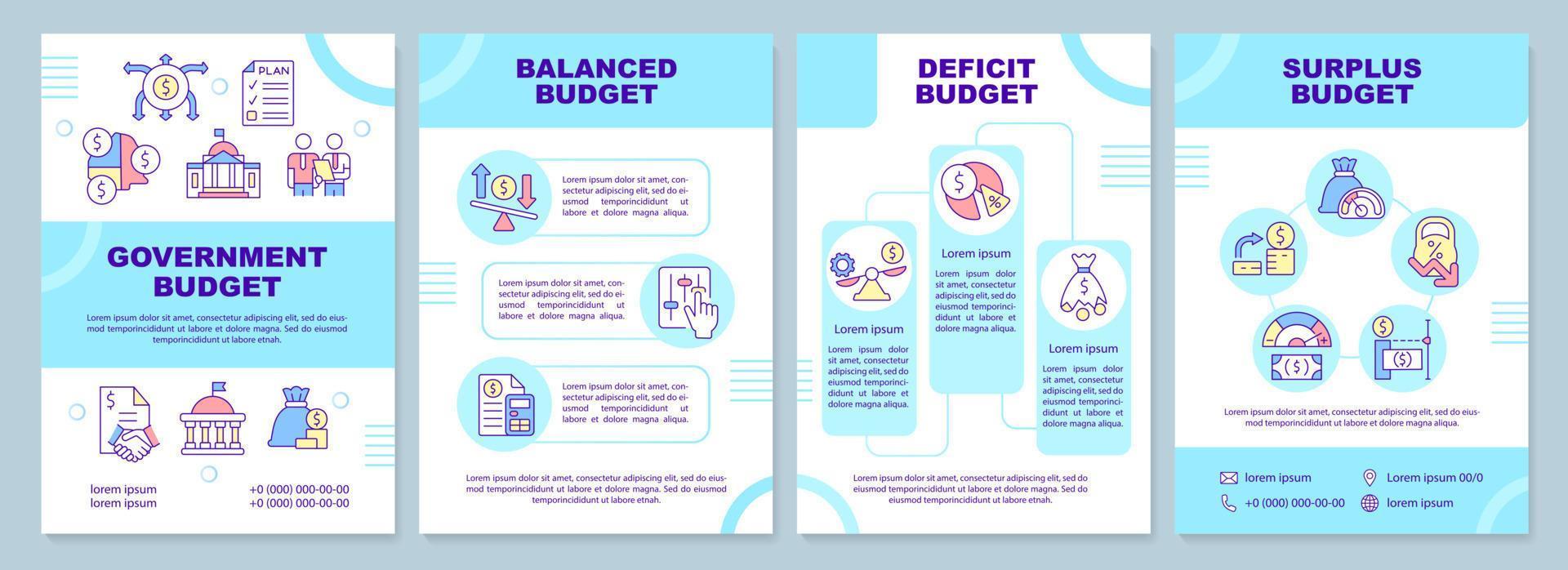 modello di brochure dei tipi di budget governativo. bilancio nazionale. design volantino con icone lineari. 4 layout vettoriali per la presentazione, relazioni annuali.