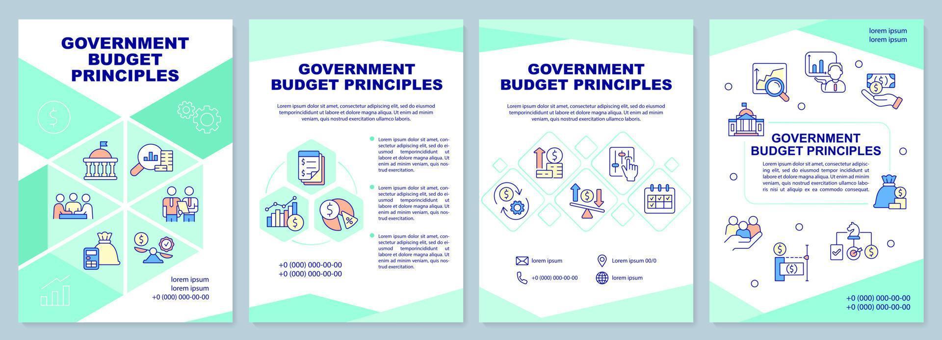 modello di brochure sui principi di bilancio del governo. allocazione finanziaria. design volantino con icone lineari. 4 layout vettoriali per la presentazione, relazioni annuali.