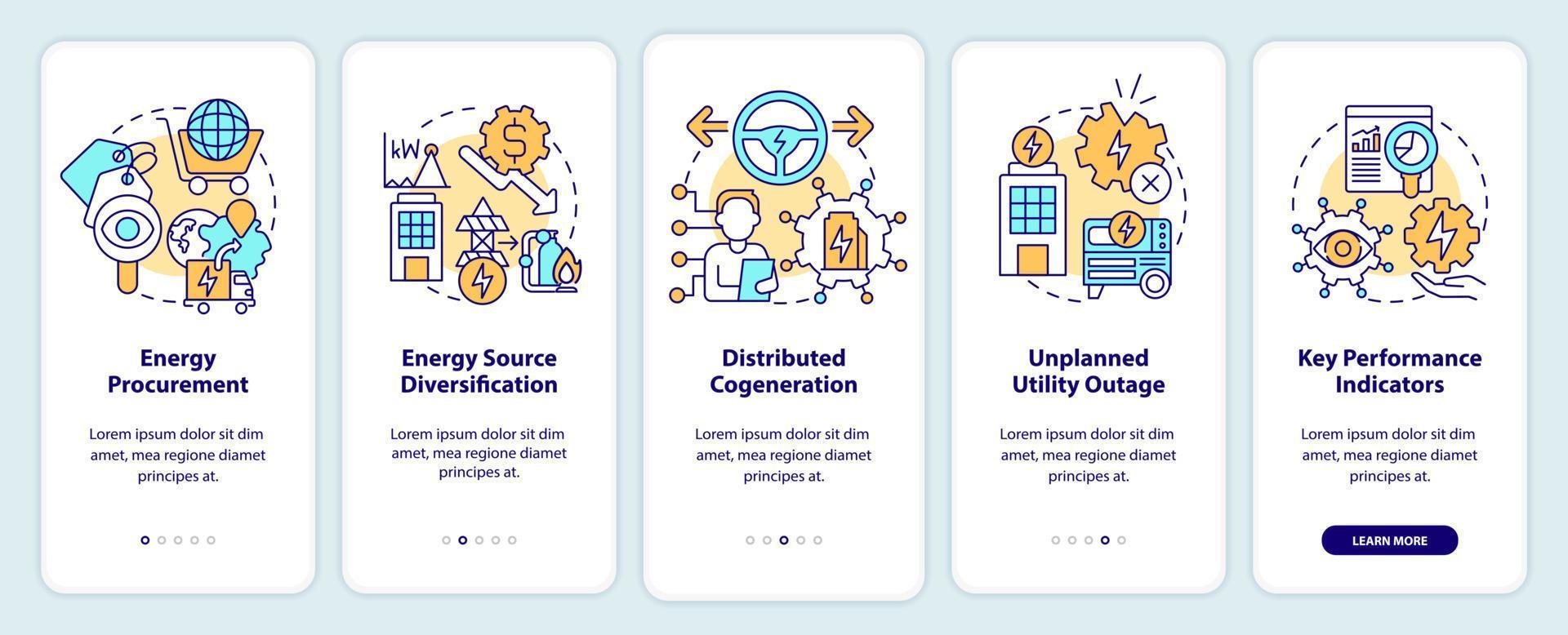 piano energetico strategico per l'onboarding della schermata dell'app mobile. procedura dettagliata per l'approvvigionamento energetico pagine di istruzioni grafiche in 5 passaggi con concetti lineari. ui, ux, modello gui. vettore