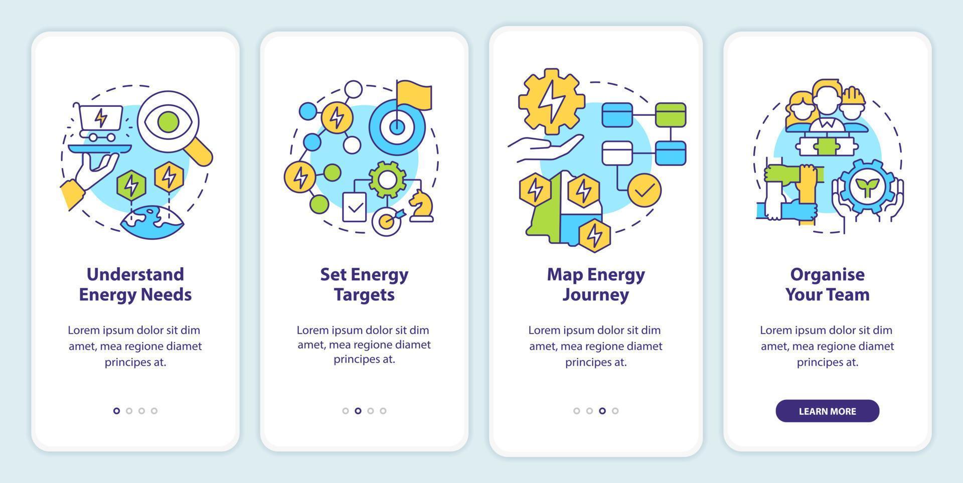 passaggi per la strategia energetica per l'onboarding dello schermo dell'app mobile. capire le esigenze procedura dettagliata 4 passaggi pagine di istruzioni grafiche con concetti lineari. ui, ux, modello gui. vettore
