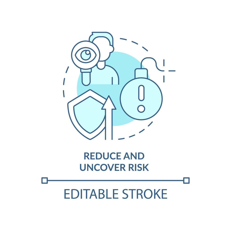 ridurre e scoprire l'icona del concetto turchese del rischio. beneficio della gestione delle parti interessate astratta idea linea sottile illustrazione. disegno di contorno isolato. tratto modificabile. vettore