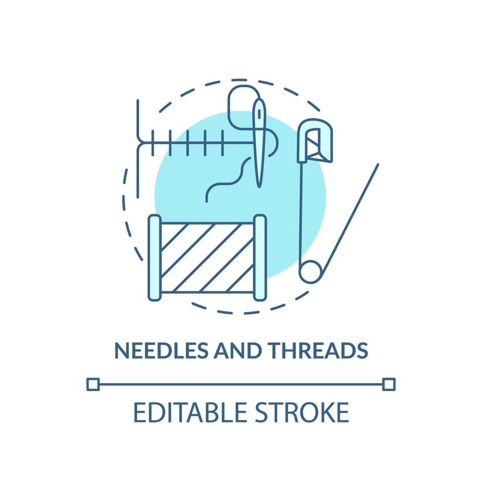 icona del concetto turchese di aghi e fili. forniture per il cucito. illustrazione di linea sottile di idea astratta di preparazione alle emergenze. disegno di contorno isolato. tratto modificabile. vettore