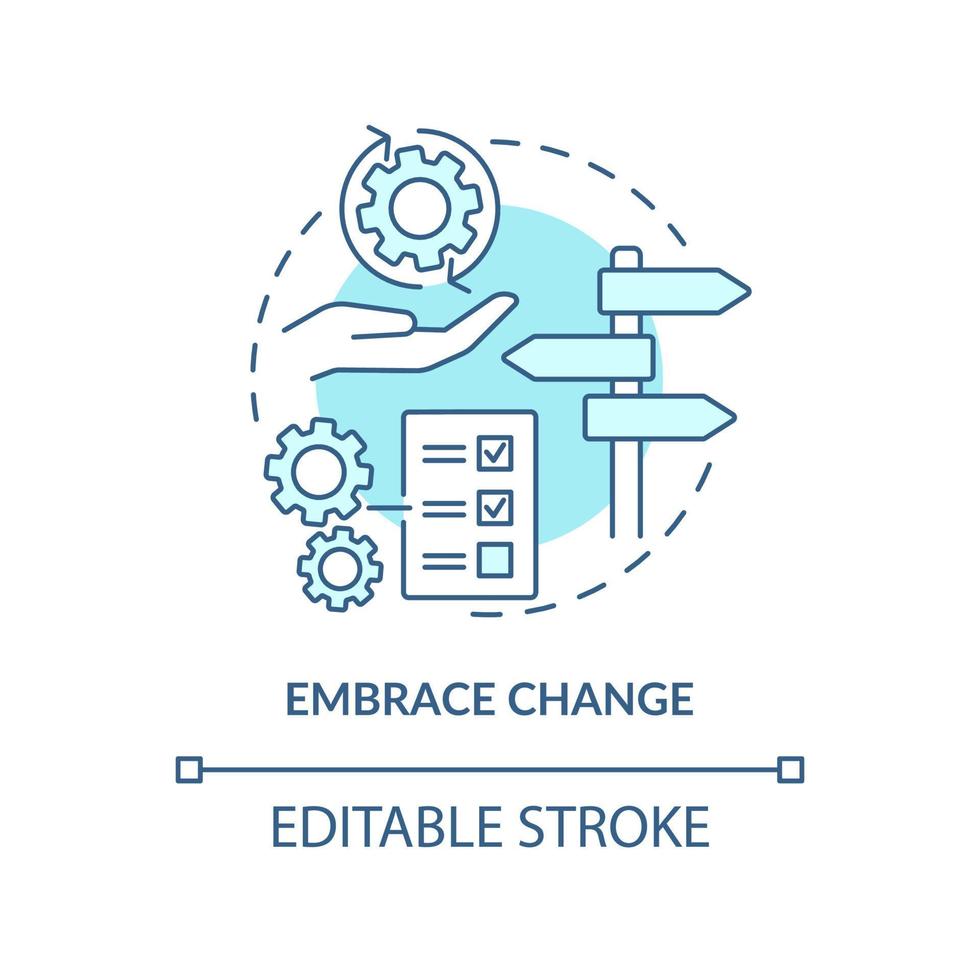 abbracciare il cambiamento dell'icona del concetto turchese. aperto a nuove idee. illustrazione al tratto sottile dell'idea astratta della gestione delle parti interessate. disegno di contorno isolato. tratto modificabile. vettore