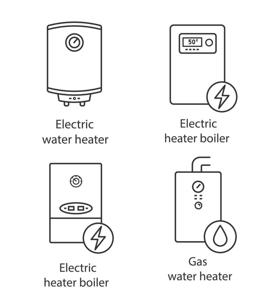 set di icone lineari di riscaldamento. impianto di riscaldamento centralizzato. scaldabagni elettrici ea gas e caldaie per il riscaldamento. simboli di contorno di linee sottili. illustrazioni di contorno vettoriale isolate. tratto modificabile