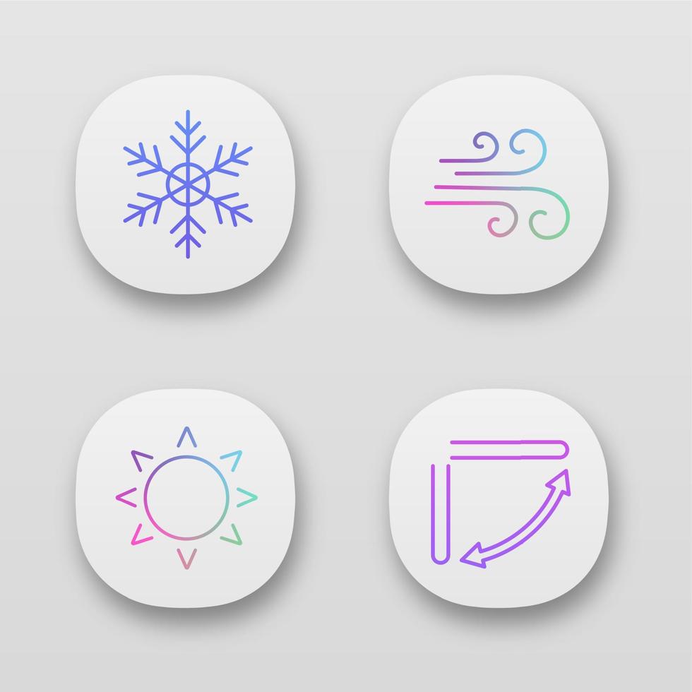 set di icone dell'app per l'aria condizionata. fiocco di neve, flusso d'aria, sole, feritoie del condizionatore d'aria. interfaccia utente ui ux. applicazioni web o mobili. illustrazioni vettoriali isolate